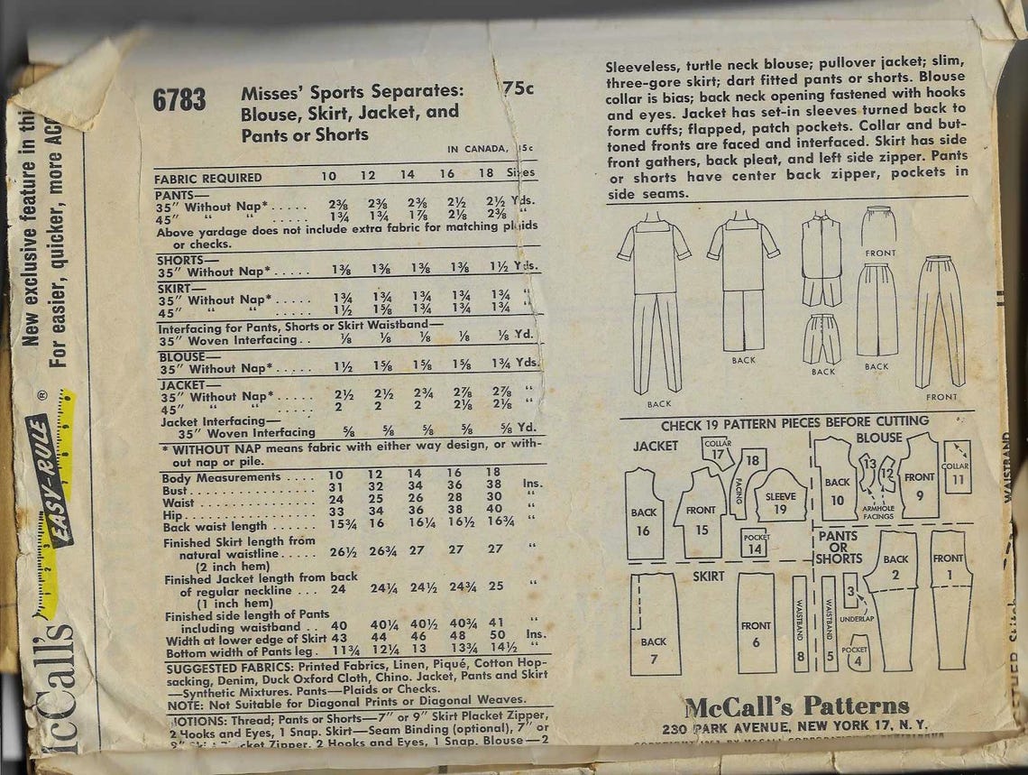 Mccall's 6783 Misses Blouse, Skirt, Jacket and Pants or Shorts Size 12 ...