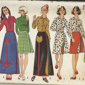 May include: A vintage sewing pattern for a wrap skirt with different design options. The pattern includes a red and white polka dot blouse, a green and white gingham blouse, a floral print blouse, and a solid black blouse. The pattern is for size 10, bust 32 1/2 inches, waist 25 inches.