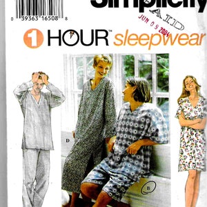 May include: Simplicity sewing pattern for sleepwear. The pattern features illustrations of various sleepwear styles, including pajamas and a short-sleeved nightgown. The pattern includes the text "1 HOUR sleepwear" and the date "JUN 09 2004".