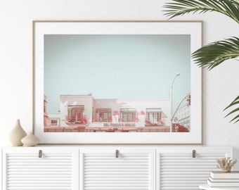 Santa Monica, Beach Print, Downtown Santa Monica, Los Angeles, pink building, Beach decor, Palm Trees, California, Santa Monica Pier