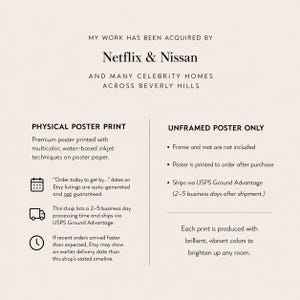 May include: A poster print with text stating "MY WORK HAS BEEN ACQUIRED BY Netflix & Nissan." The poster also mentions celebrity homes in Beverly Hills. The print is produced with vibrant colors.
