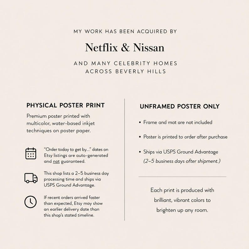 May include: A poster print with text stating "MY WORK HAS BEEN ACQUIRED BY Netflix & Nissan." The poster also mentions celebrity homes in Beverly Hills. The print is produced with vibrant colors.