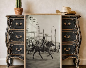 Western Cowboy Santa Monica Pier Poster Black And White Horse Wall Art