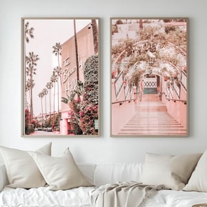 Beverly Hills Hotel Poster Set, Palm Trees Wall Art, Pink California Decor, Hollywood Glam Poster Set, Retro LA Photography, Mid Century