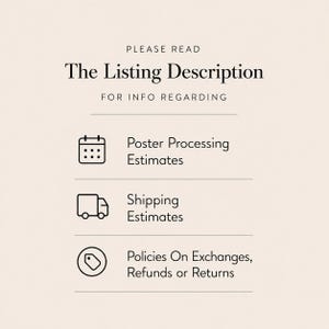 May include: Cream-colored graphic with text that reads "PLEASE READ The Listing Description FOR INFO REGARDING" followed by icons and text about poster processing, shipping, and return policies.