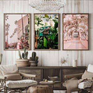 Beverly Hills Hotel Wall Art, Palm Tree Photography Set, California Retro Posters, Pink Tropical Decor, Mid Century Modern Room Posters