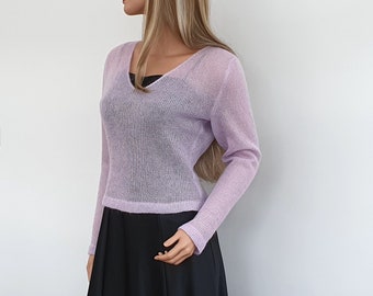 Hand Knitted Kid Mohair Silk Sweater – Light Lavender V-Neck Top