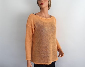 Hand Knit Mohair Silk Sweater, Peach Long Sleeve Pullover