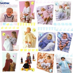 May include: A collection of 15 knitted baby outfits for infants. The outfits are displayed on a white background with a pattern of yellow ducks and pink elephants. The outfits include a variety of styles, such as sweaters, dresses, rompers, and sleep sacks. The outfits are all in different colours, including blue, pink, white, and yellow.
