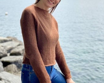 Kid Mohair Silk Raglan Sweater, Brown Knitted Pullover