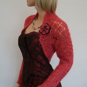 Hand Knitted Crochet Deep Pink 52 % Mohair Shrug / Bolero - Scarf,  Long sleeves, Size: M , UK 12, USA 10, EUR 40