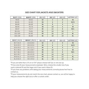 May include: Size chart for jackets and sweaters with measurements in inches and centimeters. The chart lists bust, waist, EU, UK, and US sizes, as well as letter sizes from XS to XL.