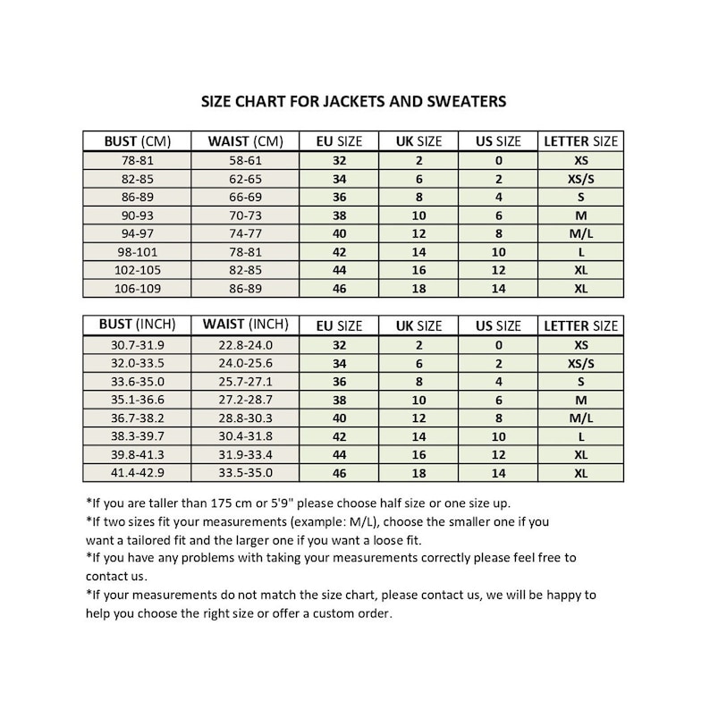 May include: Size chart for jackets and sweaters with measurements in inches and centimeters. The chart lists bust, waist, EU, UK, and US sizes, as well as letter sizes from XS to XL.