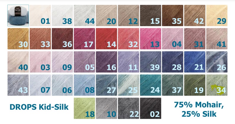 May include: A color chart for DROPS Kid-Silk yarn, a blend of 75% mohair and 25% silk. The chart shows 43 different colors, ranging from light to dark, with numbers corresponding to each color.