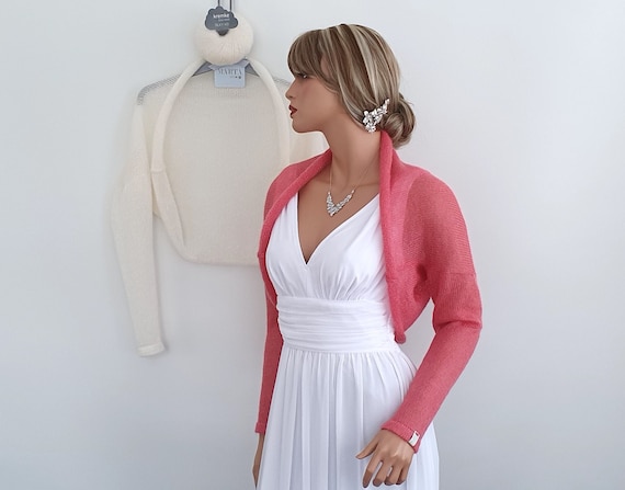 Buy Hand Knit Mohair Silky Kid Long Sleeve Wedding Evening Dress Coral White Colours Shrug Bolero Jacket KREMKE Yarn 41 Colour to Choose Online in India Etsy