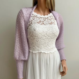Bolero Shrug lace knit mohair silk long sleeves Wedding Bridal Evening dress cover up Light Lavender or Off White DROPS yarn 41 colours