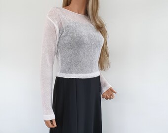Hand Knitted Mohair Silk Wedding Sweater, Long Sleeve Bridal Top