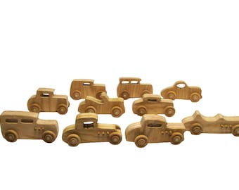 Set of 10 all natural handmade  wooden toy cars, environment friendly, great gift for kids, or great stocking stuffers. coolest car toys