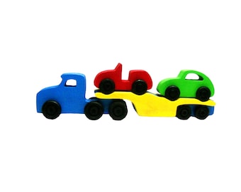 toy truck and trailer, toy truck play set, wooden toy cars, toy car hauler, wooden toy cars, toy cars and trucks, wooden toys for kids, toys