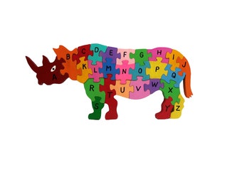 alphabet puzzle rhino, wooden rhino puzzle, wooden alphabet puzzle, animal alphabet puzzle, wooden animal puzzle, toddlers wooden puzzle