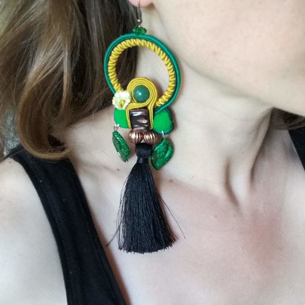 Green and yellow tassel earrings