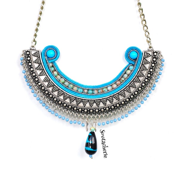 Blauwe etnische ketting - Soutache ketting - Bohemian gypsy style - Tribal verklaring - Boheemse jewelry - metalen collar - geborduurde kraag