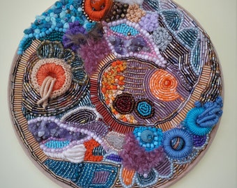 Embroidered and beaded wall hanging decoration / 3D Embroidery Hoop Art