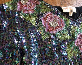Vintage Ann Green Sequin Stevie Nicks Blouse, Floral Beaded Handiwork Perfect condition highly collectible lined fits most sizes