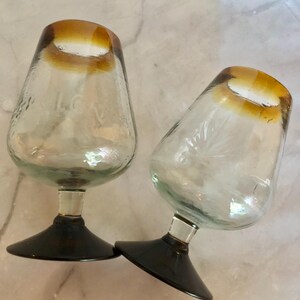 May include: Two clear glass goblets with a rounded bowl shape, featuring a distinct amber-colored rim and a dark brown, flared circular base. The glass has a slightly textured, organic appearance with subtle etched leaf patterns on the surface.