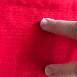 Peut inclure: Gros plan sur un tissu rouge avec le mot "VERSACE" brod&eacute; en fil d'or en haut. Le tissu a un aspect l&eacute;g&egrave;rement textur&eacute;. Un doigt touche le tissu.