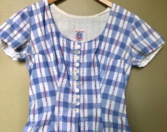 Blue Checkered Milkmaid Blouse, Ruffle Trim 200