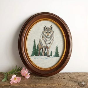Vintage Wolf in the Woods Cross Stitch Picture Oval Resin Frame 12.75"x10.75"
