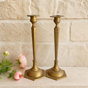 Vintage Brass Candlestick Holders Tall & Heavy Set of 2 Etched Design 11"