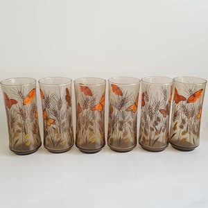 Butterfly & Wheat! Set of 6 Vintage Libbey Tall Amber Tumbler Glasses 6.5"