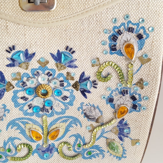 Jeweled Flowers! Vintage Box Purse with Sequins R… - image 4