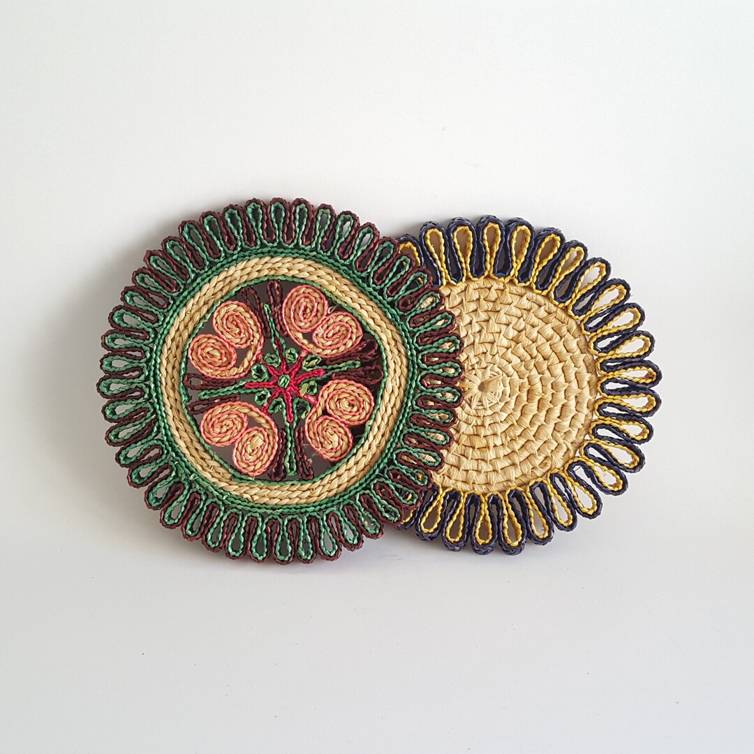 Colorful Vintage Straw Trivets Set of 2 Boho Kitchen Woven Etsy