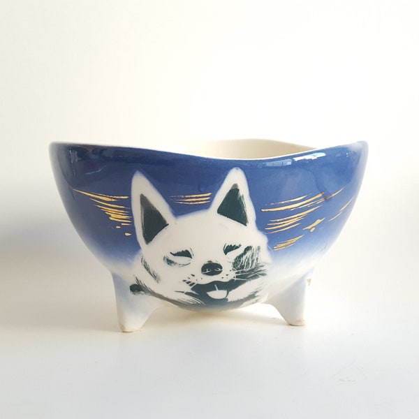 Husky Sled Dog! Vintage Bowl Alaska Native Art Footed Mid Century 6"