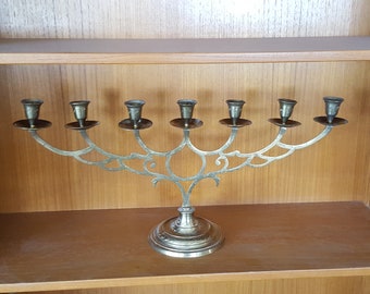 Large 7-Branch Vintage Brass Menorah 23" x 11" tall Etched Design Candelabra Candlestick Holder