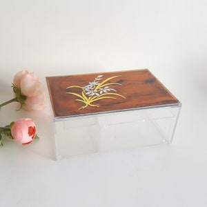 Vintage Mirrored Clear Plastic Vanity or Jewelry Box Made in Hong Kong Brown Floral