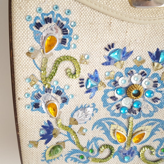 Jeweled Flowers! Vintage Box Purse with Sequins R… - image 3