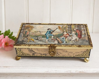Rustic Tin! Vintage Metal Chest Box Renaissance Scene 9.5"x.5"