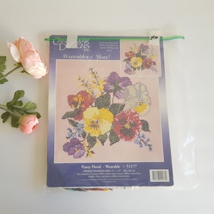 Pansy Floral! Vintage Counted Cross Stitch Kit Candamar Designs Wearable 1999
