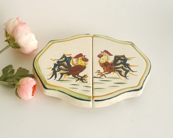 Rooster Trivet! Vintage Country Cottage Ceramic & Wood Table Decor 8"
