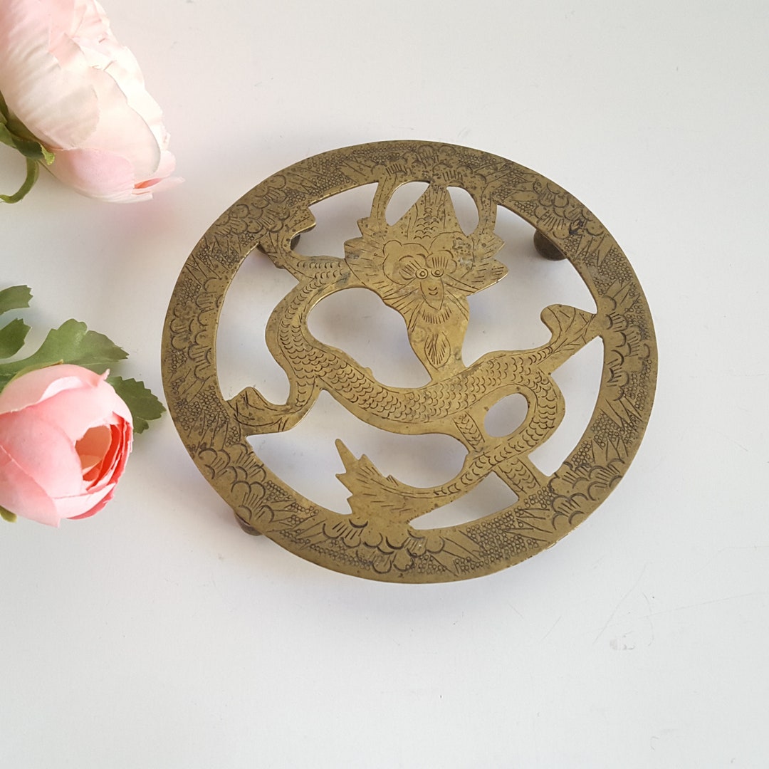 Brass Dragon Vintage Trivet Etched Design Footed Round Chinese 5 Etsy