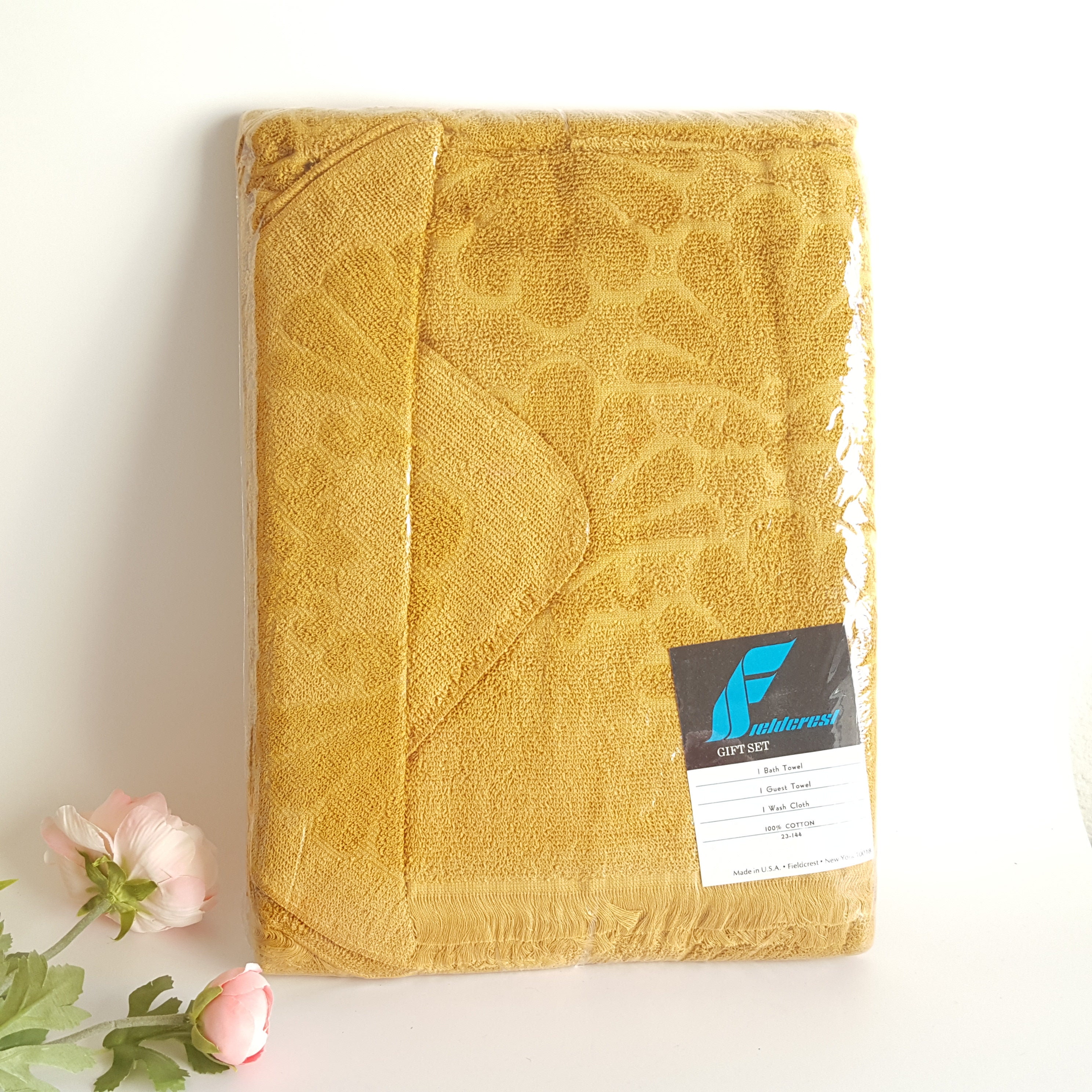 Harvest Gold Floral Set of 3 Towels New & Sealed Bath Guest and