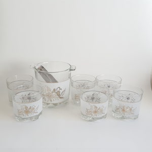 MCM Barware Set! Frosted Gold Bouquet Ice Bucket & On the Rocks Glasses