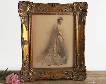 Edwardian Bride! Antique Wedding Photograph in Ornate Gold Wood Frame 13"x11"