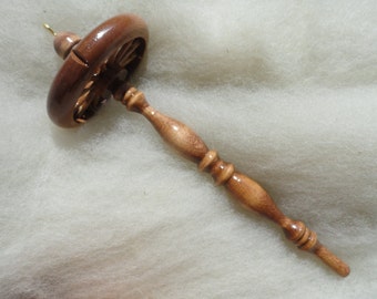 top whorl drop spindle with cherry finish, 3.5" spoked whorl with notch for yarn, 10" long, 2.4 oz. with brass hook