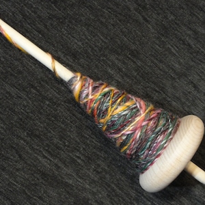 bottom whorl drop spindle, 3&quot; whorl, 10&quot; long, 2.3 oz. with brass hook