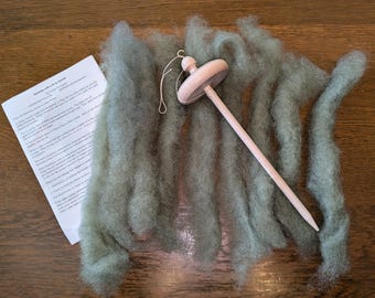Learn to Spin Drop Spindle  Kit with 0.5 oz Dark Green Border Leicester Wool